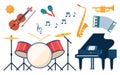 Musical instruments, set of icons. Grand piano, violin, cello, drum, cymbals, saxophone, accordion, tambourine. Vector Royalty Free Stock Photo