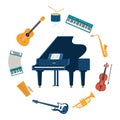 Musical instruments, set of icons. Guitar, synthesizer, violin, cello, drum, cymbals, saxophone, accordion, tambourine, grand Royalty Free Stock Photo