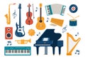 Musical instruments, set of icons. Guitar, synthesizer, violin, cello, drum, cymbals, saxophone, accordion, tambourine, grand Royalty Free Stock Photo