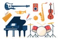 Musical instruments, set of icons. Guitar, synthesizer, violin, cello, drum, cymbals, saxophone, accordion, tambourine, grand Royalty Free Stock Photo