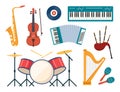 Musical instruments, set of icons. Guitar, synthesizer, violin, cello, drum, cymbals, saxophone, accordion, tambourine, grand