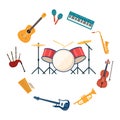 Musical instruments, set of icons. Guitar, synthesizer, violin, cello, drum, cymbals, saxophone, accordion, tambourine, grand