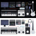 Musical instruments set, including a guitar, drum, keyboard, digital audio editing studio for TV broadcasting, spot ads