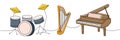 Musical instruments set one line colored continuous drawing. Drum kit, lyre, wooden harp, grand piano continuous one