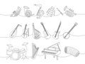 Musical instruments set. Tuba, trumpet, french horn, saxophone, xylophone, flute, lute, violin, bandura, acoustic guitar