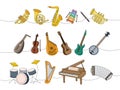 Musical instruments set. Tuba, trumpet, french horn, saxophone, xylophone, flute, lute, violin, bandura, acoustic guitar