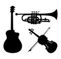 Musical instruments silhouettes, guitar, trumpet and violin. Black silhouettes on white background. Design elements for