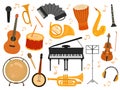 Musical instruments. Sound toys, music instrument for rhythm study. Flat isolated drum and flute, acoustic guitar and