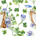 Musical instruments and spring flowers watercolor seamless pattern isolated on white. Painted green clover with harp and Royalty Free Stock Photo