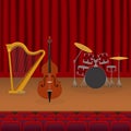 Musical instruments stand on stage for musical concert, ensemble performances with live sound vector illustration. Harp Royalty Free Stock Photo