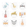 musical instruments vector flat illustration, drums, grand piano, dulcimer, Barbitos, violin, trumpet,