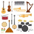 Musical instruments vector music concert with acoustic guitar or balalaika and musicians violin or harp illustration set Royalty Free Stock Photo