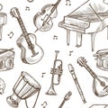 Musical instruments vector pattern background