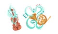 Musical Instruments with Violin and Horn Twisted with Decorative Swirling Line and Note Vector Set