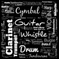 musical instruments word cloud, word cloud use for banner, painting, motivation, web-page, website background, t-shirt & shirt Royalty Free Stock Photo