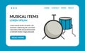 musical instuments website landing.vector template with musical items.simple horizontal landing website Royalty Free Stock Photo