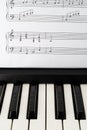 Musical keyboard and handwritten sheet music in a vertical orientation