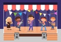 Musical kids on stage. Child perform music, children school theater. Rock musicians concert, cute teens play instruments Royalty Free Stock Photo