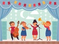 Musical kids on stage. School theater, girl singing or drama concert. Children music festival or show, modern young band