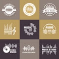 Musical logo. Audio studio badges sound waves shapes vector template set