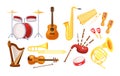 Musical metal wood acoustic instruments set: violin, tambourine, harp, trombone, bagpipe, saxophone, accordion, guitar, drum