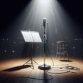 A musical microphone and music stand, sits on alone on stage ready to play, under a strong single spotlight