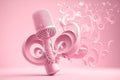 Musical microphone from which splashes melody notes, pink background copy space. Microphone in art style