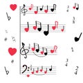 A musical mill with stylized notes, violin and bass keys, hearts. Musical romantic background.