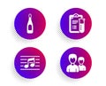 Musical note, Medical analyzes and Champagne icons set. Couple sign. Vector