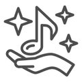 musical note on palm with shiny stars line icon, music concept, eighth note in hand vector sign on white background Royalty Free Stock Photo