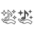 musical note on palm with shiny stars line and solid icon, music concept, eighth note in hand vector sign on white Royalty Free Stock Photo