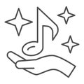 musical note on palm with shiny stars thin line icon, music concept, eighth note in hand vector sign on white background Royalty Free Stock Photo