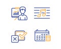 Musical note, Presentation and Checkbox icons set. Calendar sign. Music, Education board, Survey choice. Vector