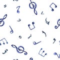 Musical note watercolor seamless pattern. Treble clef and notes isolated on white background. Endless print of musical