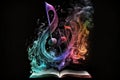 Musical notes from an ancient book of songs on open book background.Generative AI Royalty Free Stock Photo