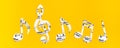 Musical notes and clef cut from paper with musical text in a row on yellow background. Web banner