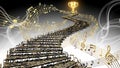 Golden musical notes form a winding staircase leading toward a shining trophy cup against a dark background Royalty Free Stock Photo