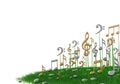 Musical notes grow in the green grass. Space for text. Royalty Free Stock Photo
