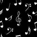 Musical notes with hearts on black background seamless pattern. Hand drawn style. Vector illustration Royalty Free Stock Photo