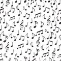 Musical notes, melodious signs and symbols seamless pattern. Black musical notes and treble clef on white background. For the Royalty Free Stock Photo