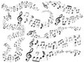 Musical notes. Music note swirl, melody pattern and sound waves with notes vector illustration set Royalty Free Stock Photo