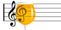 Musical notes on a music staff are seen through a glass of beer