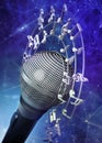 Musical notes and symbols around the microphone. 3D illustration Royalty Free Stock Photo