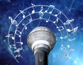 Musical notes and symbols around the microphone. 3D illustration Royalty Free Stock Photo