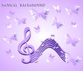 Musical notes on a background of purple butterflies
