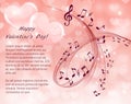 Musical notes and treble clef on a pink background with hearts