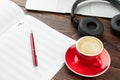 Musical papers, headphones and red cup. Royalty Free Stock Photo