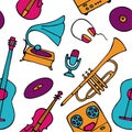 Musical pattern. Hand-drawn musical instruments icons. Bright seamless texture for wallpaper or fabric. Vector