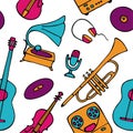 Musical pattern. Hand-drawn musical instruments icons. Bright seamless texture for wallpaper or fabric. Vector Royalty Free Stock Photo
