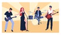 Musical performance, group character male, female, flat vector illustration. Woman singer, guitarist, bassist, drummer.